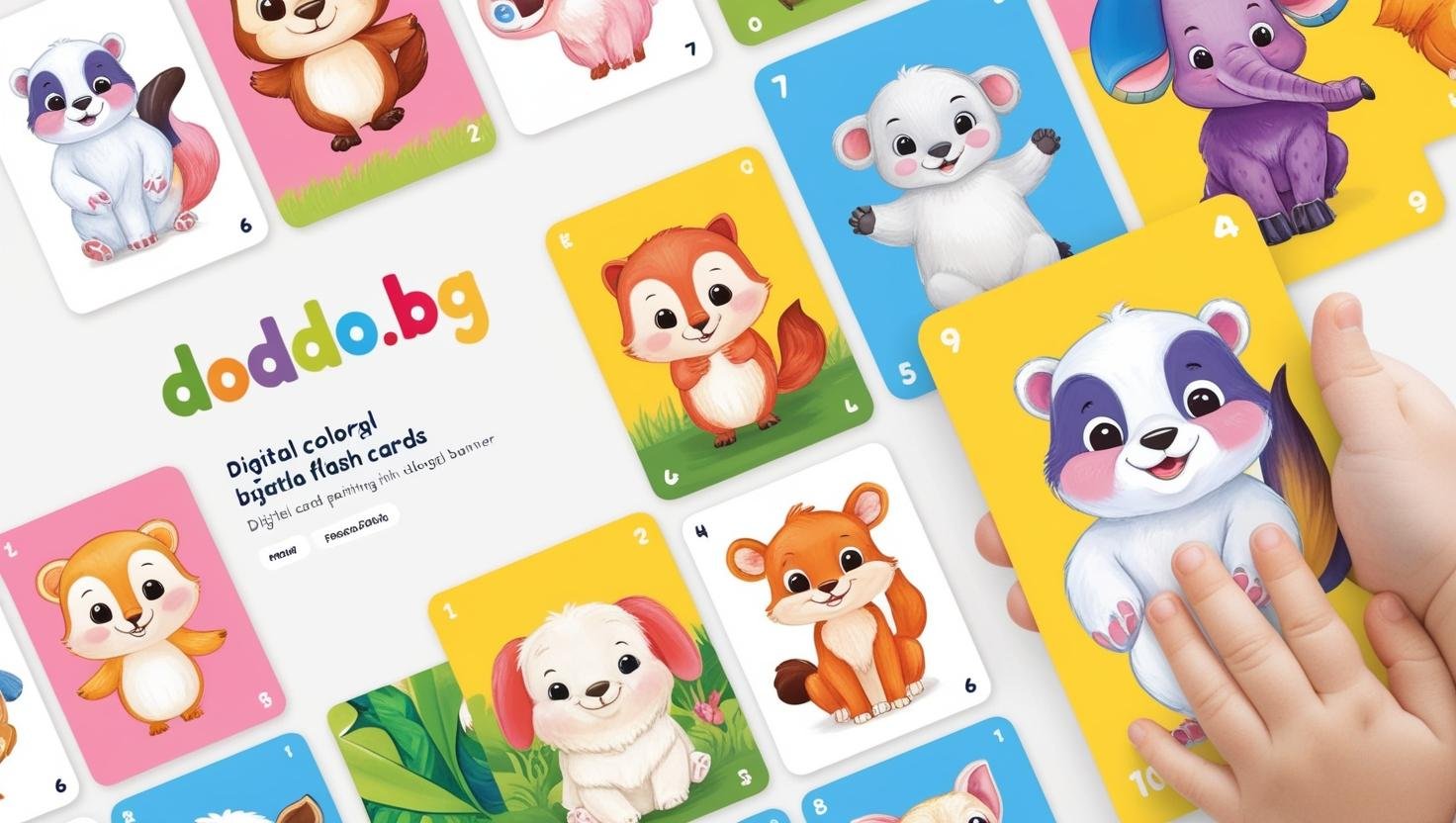 website banner for kids educational toys. Site name is doddo.bg and the main product is flash cards with animals